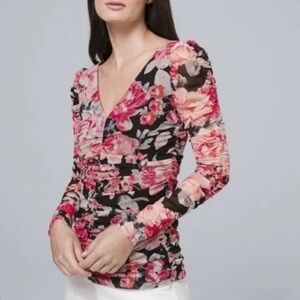 SOLD
White House Black Market floral v neck ruched mesh top Size S